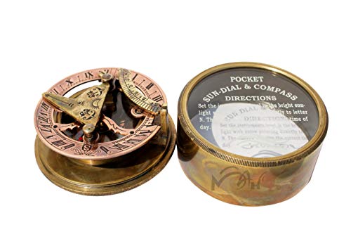 Mah - Brass Sundial Compass With Leather Case -Drum Sundial Antique Vintage Style With Stamp Leather Box For Birthday Gift, Baptism Gift,, Wedding Gift, Best Man Gift,, C-3020 #TOP7