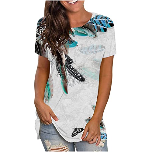 Feather Print T Shirt for Womens Crew Neck Short Sleeve Casual T Shirt Summer Ladies Trendy Tunic Blouse Graphic Tees