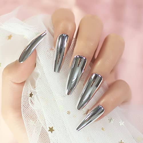 Super Long Shiny Punk Style Silver Coffin Ballerina Press On False Nails Metallic Acrylic Nails Reflective Mirror Nail Art Tips For Party Show #TOP15