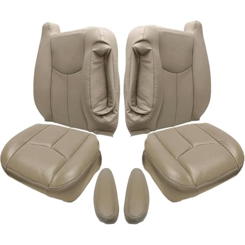 NLQR #522/52i Med Tan Driver & Passenger Bottom & Top Lean Back Replacement Leather Seat Covers & Armrests fit for Chevy Silverado Tahoe Suburban Avalanche GMC Yukon Sierra 1500 2500 3500 HD 2003-2007