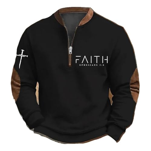 Mens Faith Print Hoodie Sweatshirt 1/4 Zip Up Crewneck Pullover Casual Retro Sweater with Elbow Patches