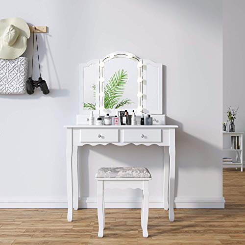 Sandinrayli Tri Folding Vanity Table Set,Makeup Table Dressing Desk Set with Stool with 10 Light Bulbs 4 Drawers for Bedroom, Bathroom, Black (White)