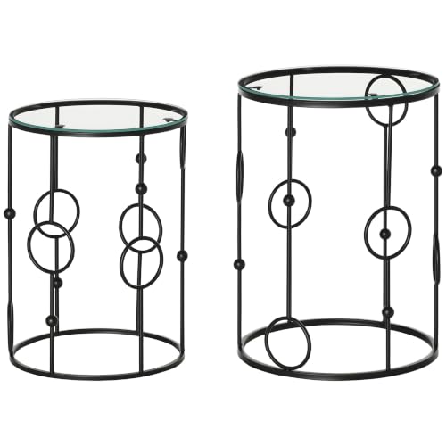 HOMCOM Round Coffee Table Set of 2 Tempered Glass Top Black