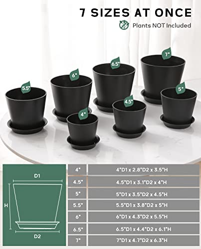 Ladovita 7 Pack Plastic Plant Pots Indoor, 7/6.5/6/5.5/5/4.5/4 Inch Modern Planters For Plants, Flower Pots With Drainage Holes And Trays, Black #TOP3