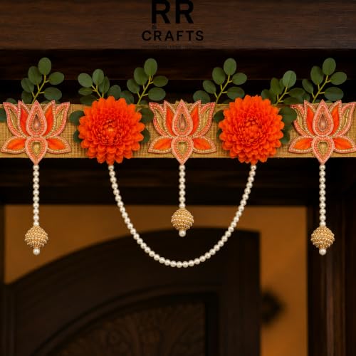 Image of Premium Lotus Toran for Main Door Entrance|Handmade Orange Lotus Flower Banderwal with Pearl Hanging & Green Leaves|Decorative Door Hanging for Diwali, Pooja, Wedding & Home Decor|38 in.
