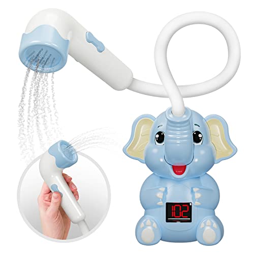 Image of YAWEVWAY Baby Bath Shower Head, Bath Toys with Shower Thermometer, Upgraded Electric Elephant Water Spray Toy for Best Bathtime Fun in The Bathtub for Newborns and Toddlers (Blue)