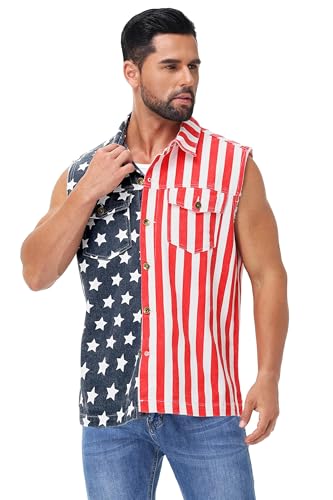 Image of AOBUTE Mens 4th of July Denim Vest American Flag Print Sleeveless Jean Jacket