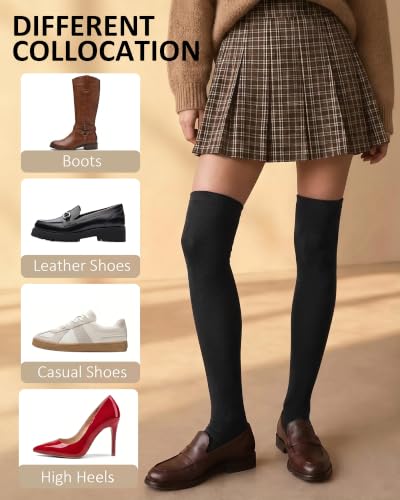 Image of Chalier Womens Thigh High Socks, Thigh Socks Stockings for Women | Soft Mild Blended, Slim Light Fabric, Elastic Cuff, Long Tube, Hug Leg Curves, Four Season Outfits, Casual Daily Footwear
