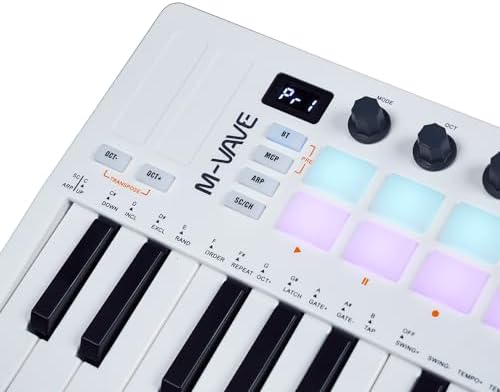M-Vave SMK 25 MKII bezprzewodowy kontroler klawiatury BT-Midi z 16 podświetlanymi podkładkami perkusyjnymi, 8 przyciskami, Arpeggio, USB, biały