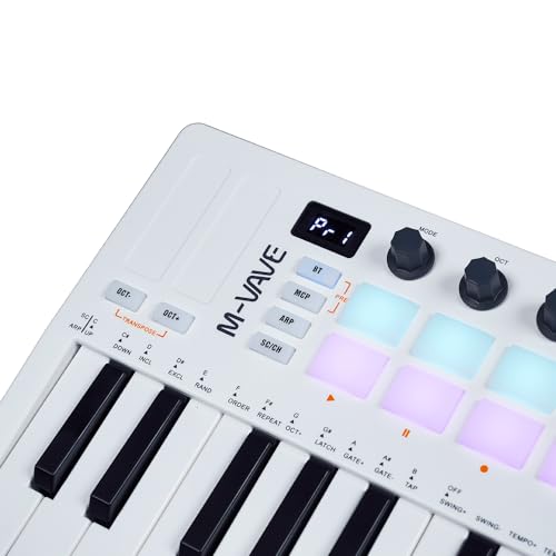 M-Vave SMK 25 MKII – Kabelloser BT-Midi-Keyboard-Controller mit 16 hintergrundbeleuchteten Drum-Pads, 8 Knöpfen, Arpeggio, USB, Weiß