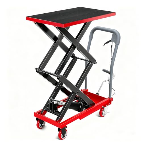 Image of GarveeTech Hydraulic Lift Table Cart, 770Lbs Load Capacity 59 Inch Lifting Height, Manual Double Scissor Lift Table with Non-Slip Pad and 4 Wheels,Hydraulic Scissor Cart (770lbs-Double-Red Black)