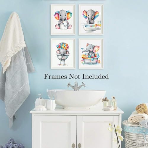 Image of TANXM Kids Bathroom Art Set, Funny Elephant Calf Bathroom Toilet Wall Decor, Baby Elephant Bathroom Rules Art Print for Nursery Kids, Wash Brush Flush Bath Sign Poste,Set of 4 (8 inchX10 inch, Unframed