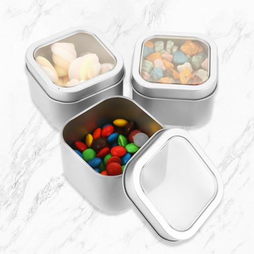 Image of DAJAVE 20 Pack Square Metal Tins with Window Lids, Silver Empty Tin Box Containers with Lid for Storage Drawing Pin Candies Jewelry Crafts, 3x3x2 Inch