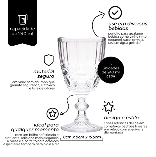 Mimo Style Jogo de 6 Taças de Vidro Transparente com Capacidade de 240ml com Alto Relevo em Laço Ver