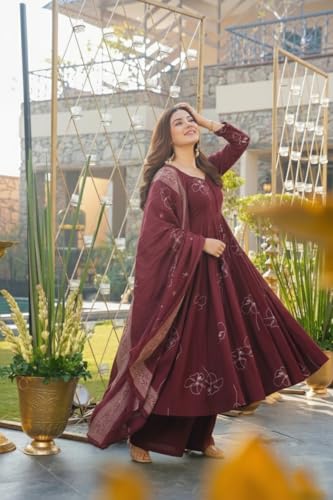 Image of ANNI Designer Women's Viscose Blend Umbrella Style Printed Kurta Palazzo with Dupatta | Elegant Kurta Set for Women | Stylish Palazzos & Dupatta Set | Ethnic Wear for Women