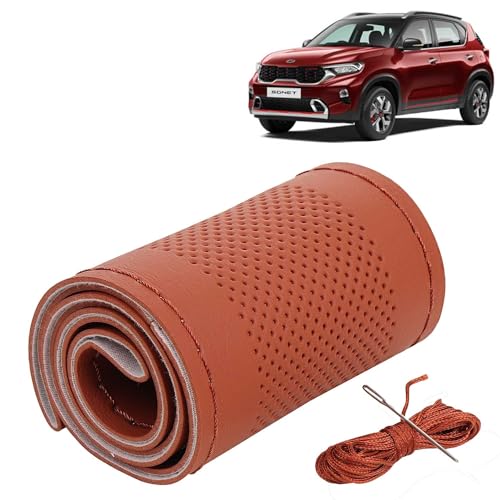 Image of KINGSWAY PU Leatherite Car Steering Cover Sewable Compatible with Kia Sonet (Year 2020 Onwards), Tan Color with Tan Thread, Pack of 1 with Sewing Needle and Thread