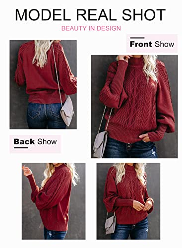 Dokotoo Womens Winter Cozy Turtleneck Cable Knit Balloon Long Sleeve Sweaters Chunky Loose Fashion Pullovers Sweaters Outerwear Jumpers Red S #TOP2