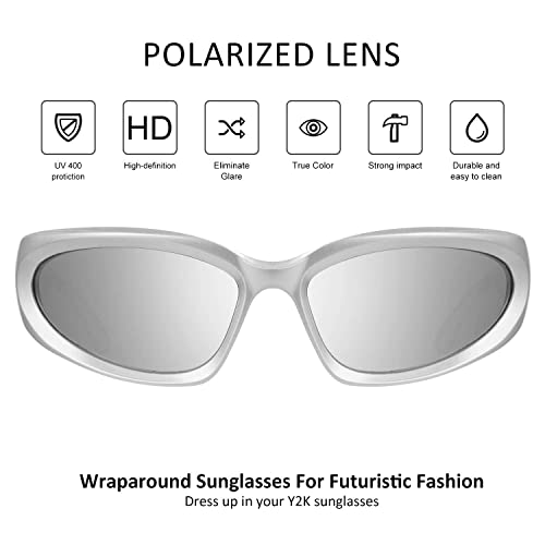 Mosanana Y2K Wrap Around Sunglasses For Women Men Polarized Trendy Cool Cute Funky Fashion Retro Vintage Silver Mirrored Stylish 90S Aesthetic Shade Sunnies Futuristic Cyber Oval Sun Glasses Neo #TOP4