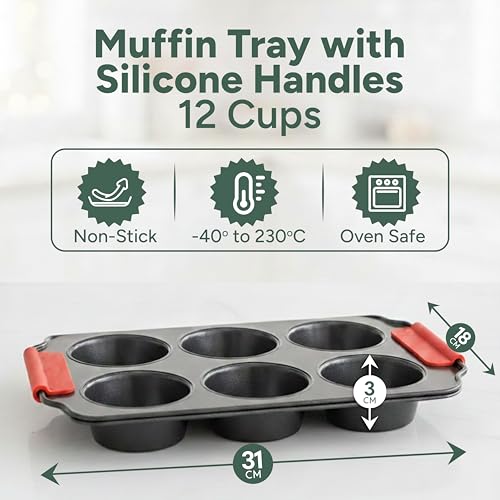 Zuvo Non-Stick 6 Cup Muffin Tray with Silicone Handles Dishwasher Safe Cupcake Pan Muffin Tray with Stain-Resistant Baking Mould for Cupcakes Bakeware, Black - Image 2