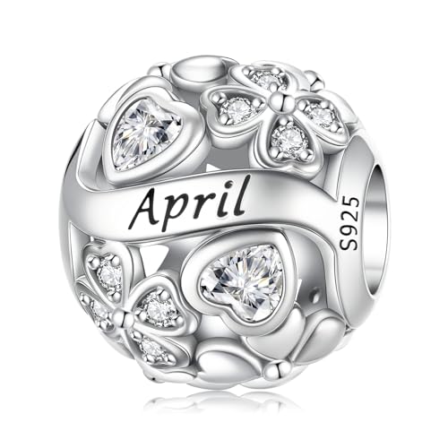 HappyStar 925 Sterling Silver Four Leaf Clover with Cubic Zirconia Bead Charm Birthstone Charms for Bracelets Dangle Pendant Compatible Pandora Bracelets Lucky Charm Birthday Gift