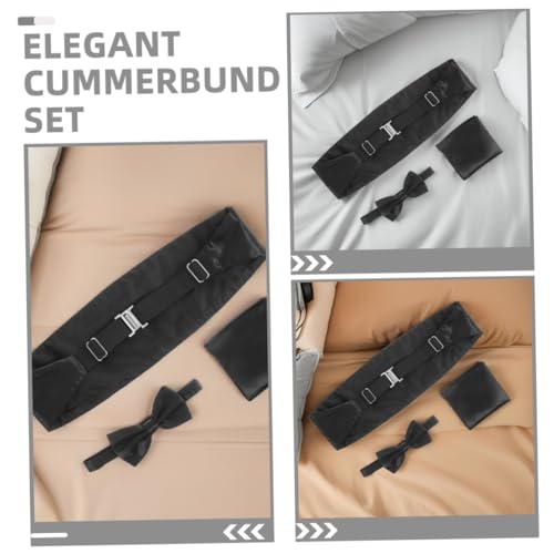 Set hombre 6 piezas cummerbund con moño y pañuelo negro miniatura 3