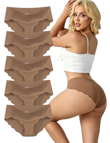 MCOWOD Seamless Underwear for Women Low Rise Hipster Wave Edge Sexy No Show Bikini Panties Brown Size L 5 Pack