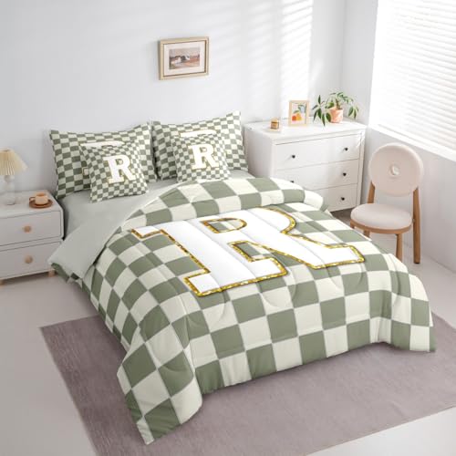 Image of Erosebridal Sage Green Checkered Queen Bedding Set 7 Piece Plaid Initial R Bed in A Bag with Sheets Personalized Monogram Comforter Set for Kids Adults,Fashion Grids Gingham Bed Sets