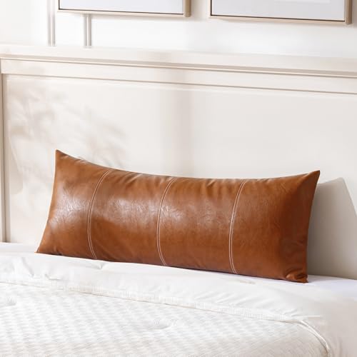 Fancy Homi Brown Boho Long Lumbar Faux Leather Body Decorative Throw Pillow Cover 14x36 Inch for Bedroom Couch Bed Sofa Bench, Hand Stitched Stylish...