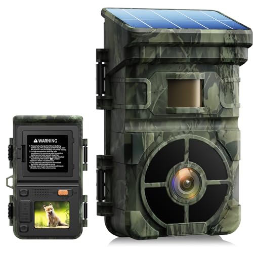 Solar Powered Wildlife Camera, 24MP 1080p 2500mAh Built-in Lithium Battery Rechargeable Trail Game Hunting Camera 0.1s Trigger Time with Solar Panel 120° Detection Angle Night Vision Motion Activated
