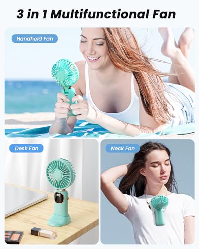 Image of coldSky Portable Handheld Fan, 4000mAh Battery Operated Fan with LED Display, Handheld /Neck /Desk 3 in 1 Personal Small Fans, 90 Foldable Desk Fan with Base, 5 Speed Makeup Lash Fan for Women Green