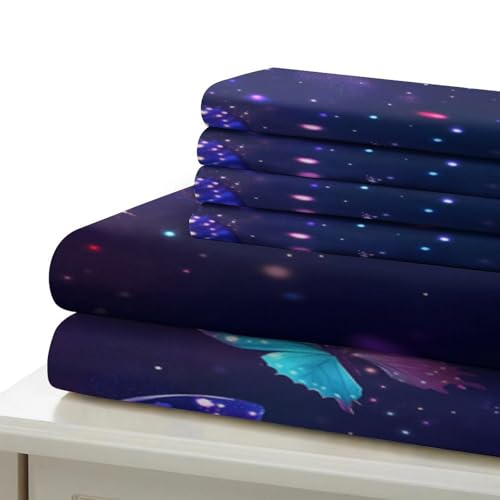 Housse de couette papillons violets 3D parure lit King drap microfibre avec taies