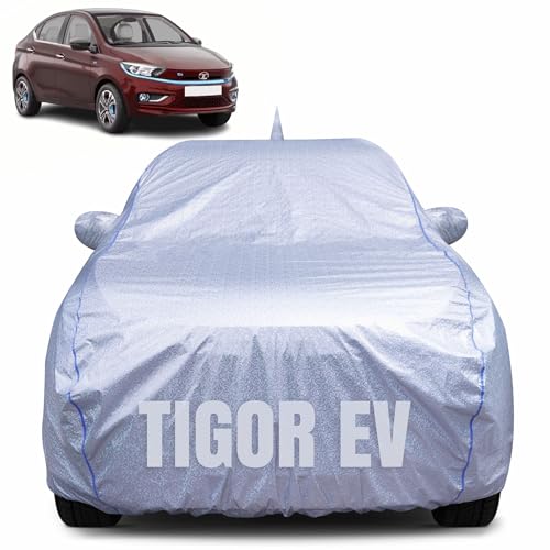 Image of 100% Waterproof Car Body Cover for Tata Tigor EV with Mirror Pocket, Heat & UV Resistant, Triple Stitched, Soft Lining, Bottom Elastic & Piping (Silver Reflective)