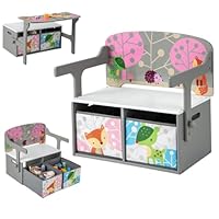 Maxmass 3-in-1 Kids Table and Chair Set, Convertible Toddlers Bench Storage Chest with 2 Removable Fabric Bins, Wooden Toy Storage Organizer Toy Box for Children Room, Playroom, Daycare (Grey)