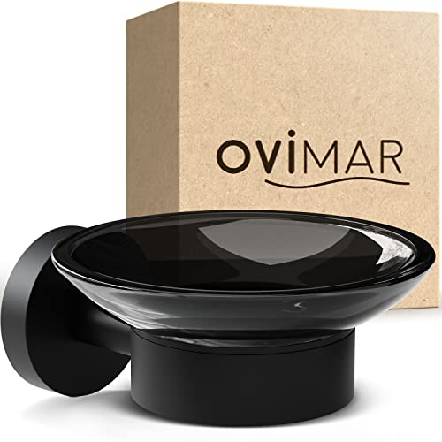 ovimar Seifenschale Nederlandsoya | mit Halter für die Wandmontage | Edelstahl | schwarz | zum Bohren | herausnehmbares Glas für das Bad oder auch die Küche als Seifenablage zur Aufbewahrung