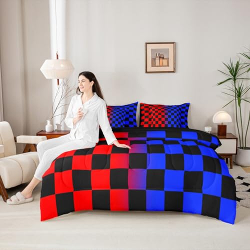 Image of Checkered Comforter Set With Sheets 7 Piece King Size Red Blue Plaid Bed in a Bag Kids Boys Girls Cute Retro Neutral Checkerboard Geometric Bedding Set Vintage Aesthetic Bedroom Decor Breathable Soft
