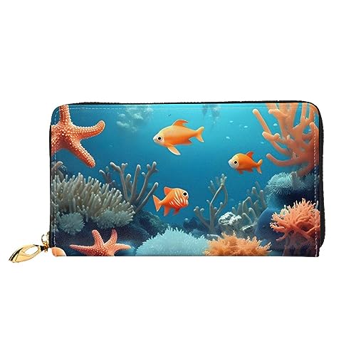 Portefeuille grande capacité femme Coral Fish long format zippé noir pour ranger cartes et billets