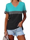 ORANDESIGNE Women's Color Block Short Sleeve T Shirts Casual V Neck Summer Tops Tees Loose Fit Blouses