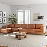 Nathan James Breeze Mid Century Modern Modular Sectional Sofa, 5 Seater Leather Sectional Sofa with Chaise Seat, Tufted Cushion and Solid Wood Frame, Camel