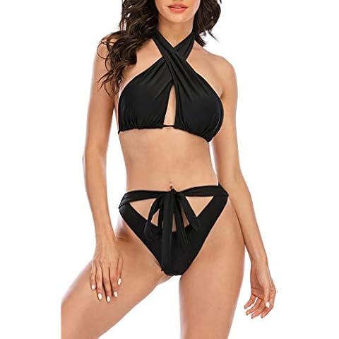 Leoparts Women's Sliding Padded Halter Bikini Set Criss Cross Tie Back Knot Front Brazilian Thong Swimsuits - black - Medium Cover