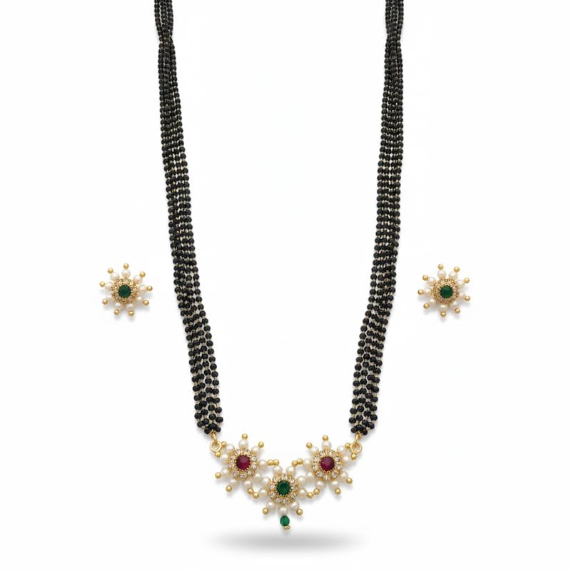 Traditional 4 Line Black Bead Mangalsutra Set with Floral Stone Pendant & Matching Earrings for Women (30 Inch)-image-31
