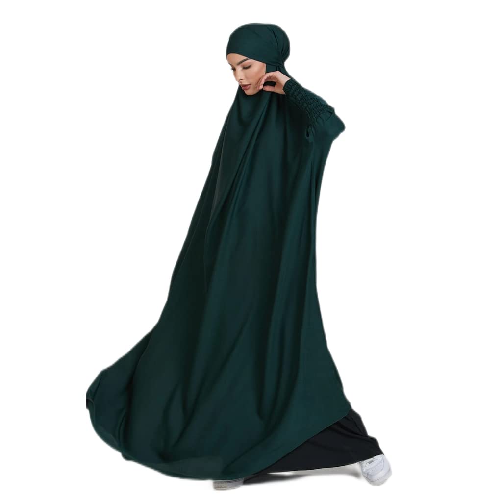 BRONG Damen Muslimisches Einteiliges Gebetskleid Abaya Jilbab Frauen Musselin Dubai Türkei Robe Gebet Jilbab Ganzkörper Maxi Kleid mit Hijab Dunkelgrün