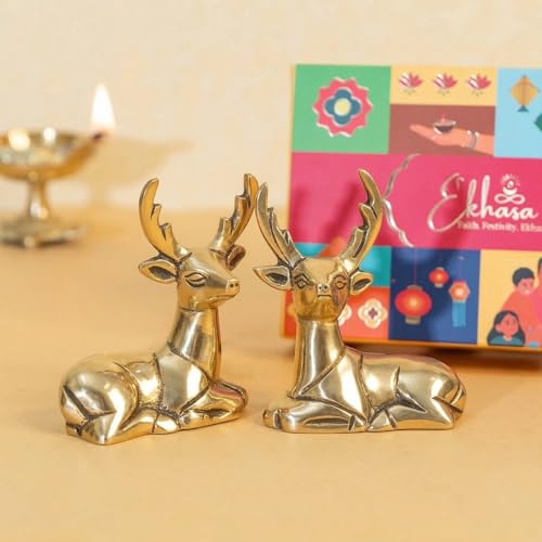 Image of Ekhasa 100% Pure Brass Deer Showpiece Pair with Gift Box | Golden Hiran Murti Pital Animal Figurines for Home Decor Living Room | Religious Housewarming Grah Pravesh Wedding Gift