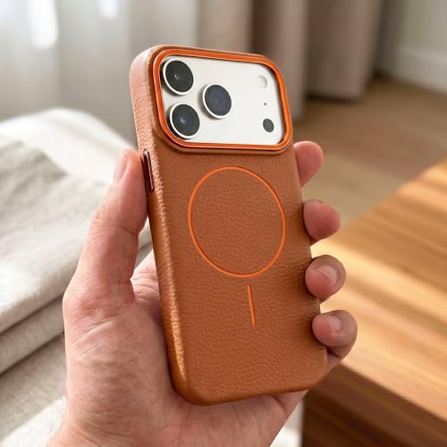 Image of amazon basics Luxury MagSafe Compatible Leather Texture Back Cover for iPhone 17 Pro Max | Raised Camera Protection | Slim Fit Shockproof Case with Metallic Accents (Orange)