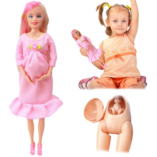 Gcroet Pregnant Mother Doll with Baby - 11.5' ABS Plastic Pregnant Doll Toy for Kids Gift, Style 2
