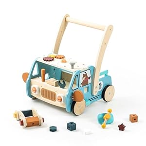IEATFO Wooden Baby Walker Adjustable Height with Tool Bench and Toy Storage Wagon – Multifunctional Toddler Push Walker Ergonomically Designed for Natural Walking – 3+ Years of Continuous Use