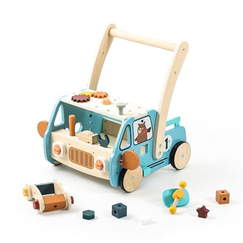 IEATFO Wooden Baby Walker Adjustable Height with Tool Bench and Toy Storage Wagon – Multifunctional Toddler Push Walker Ergonomically Designed for Natural Walking – 3+ Years of Continuous Use
