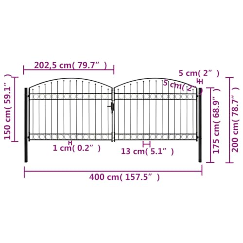 Miniatura 2 de Vidaxl Fence Gate Double Door With Arched Top Outdoor Garden Patio Yard Lockable Durable Stable Entryway Fencing Barrier Door Steel 400x150cm Black