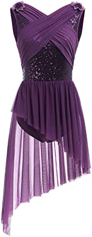 ODASDO Lyrical Dance Costumes for Women Ballet Leotards Asymmetrical Tulle Skirt One-piece Bodysuit Criss Cross V-neck Shiny Sequin U Back Sleeveless Modern Contemporary Dancewear Purple Sequin L