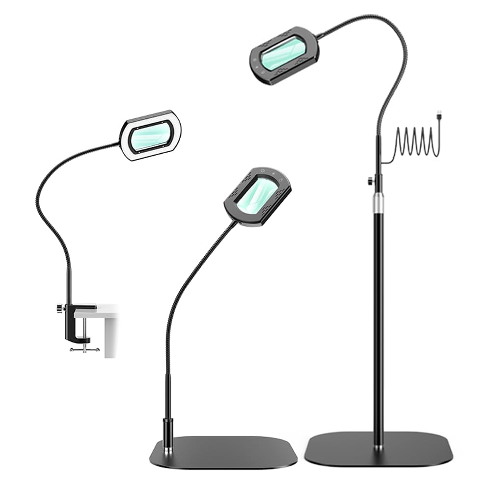 Loupe carrée 10x avec lumière et pince, loupe en verre véritable éclairée par LED et support (vert)