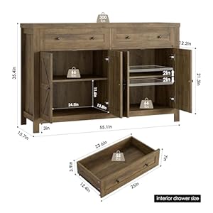 HOSTACK 55" Buffet Sideboard Cabinet with Storage, Modern Farmhouse Coffee Bar Cabinet with Drawers and Shelves, Barn Doors Storage Cabinet for Kitchen, Living Room, Rustic Brown HOSTACK 55 Buffet Sideboard Cabinet with Storage Modern Farmhouse Coffee Bar Cabinet with Drawers and Shelves Barn Doors Storage Cabinet for Kitchen Living Room Rustic Brown